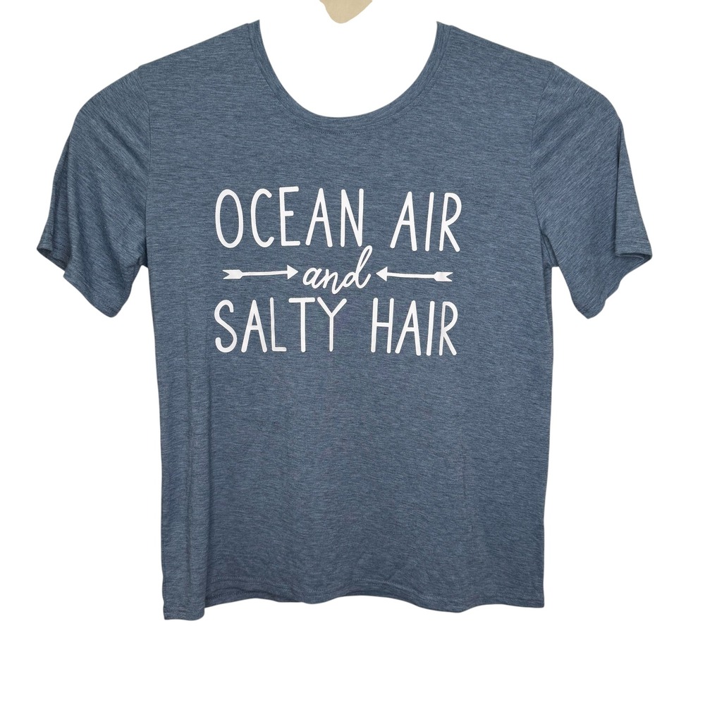 Ocean Air and Salty Hair Graphic Tee Heather Blue Women XL Short Sleeve Beach